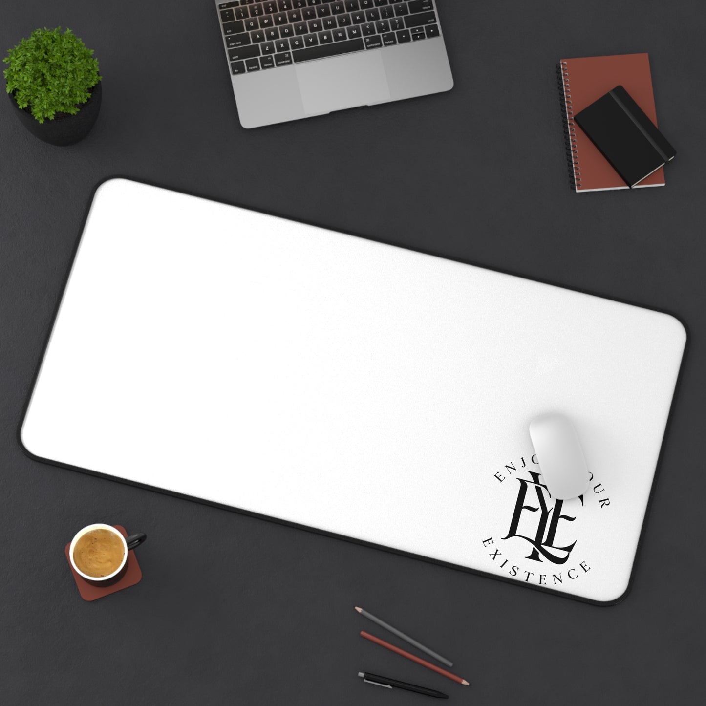 Desk Mat — Minimal White Gaming/Office Desk Mat with "Enjoy Your Existence" Logo