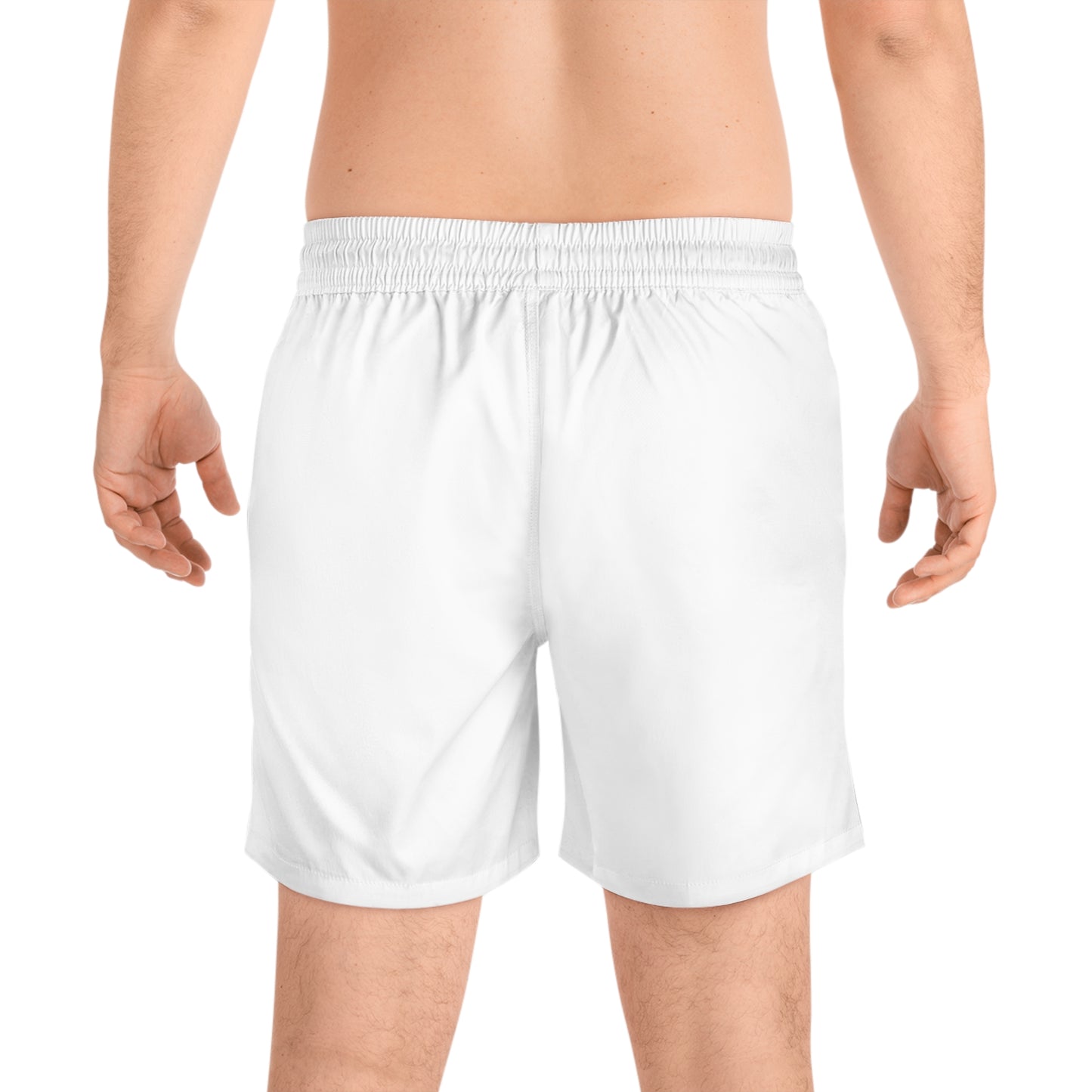 Men's White Swim Shorts — 'Enjoy Your Existence' Minimal Logo Beach Trunks