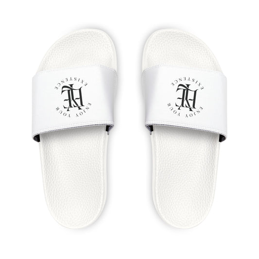 Men's Adjustable Slide Sandals — White Removable-Strap Pool Slides with Monogram Crest