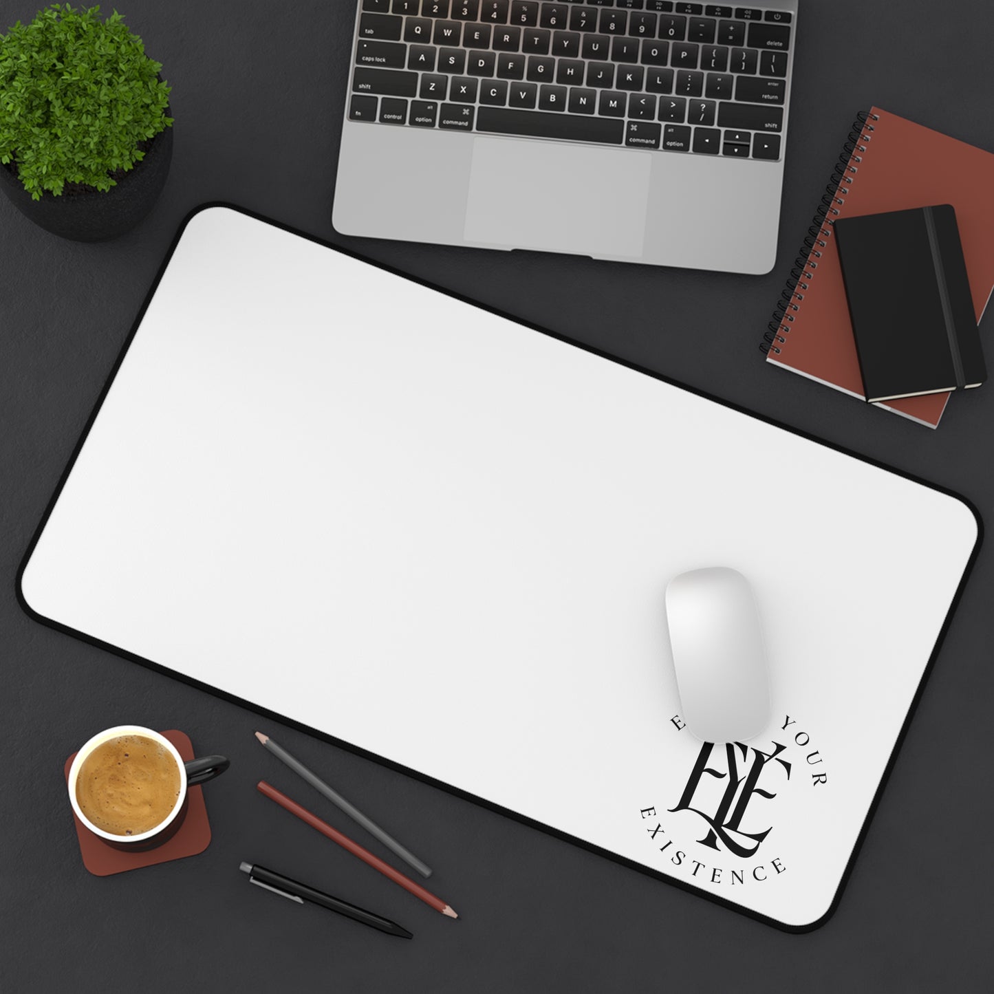 Desk Mat — Minimal White Gaming/Office Desk Mat with "Enjoy Your Existence" Logo