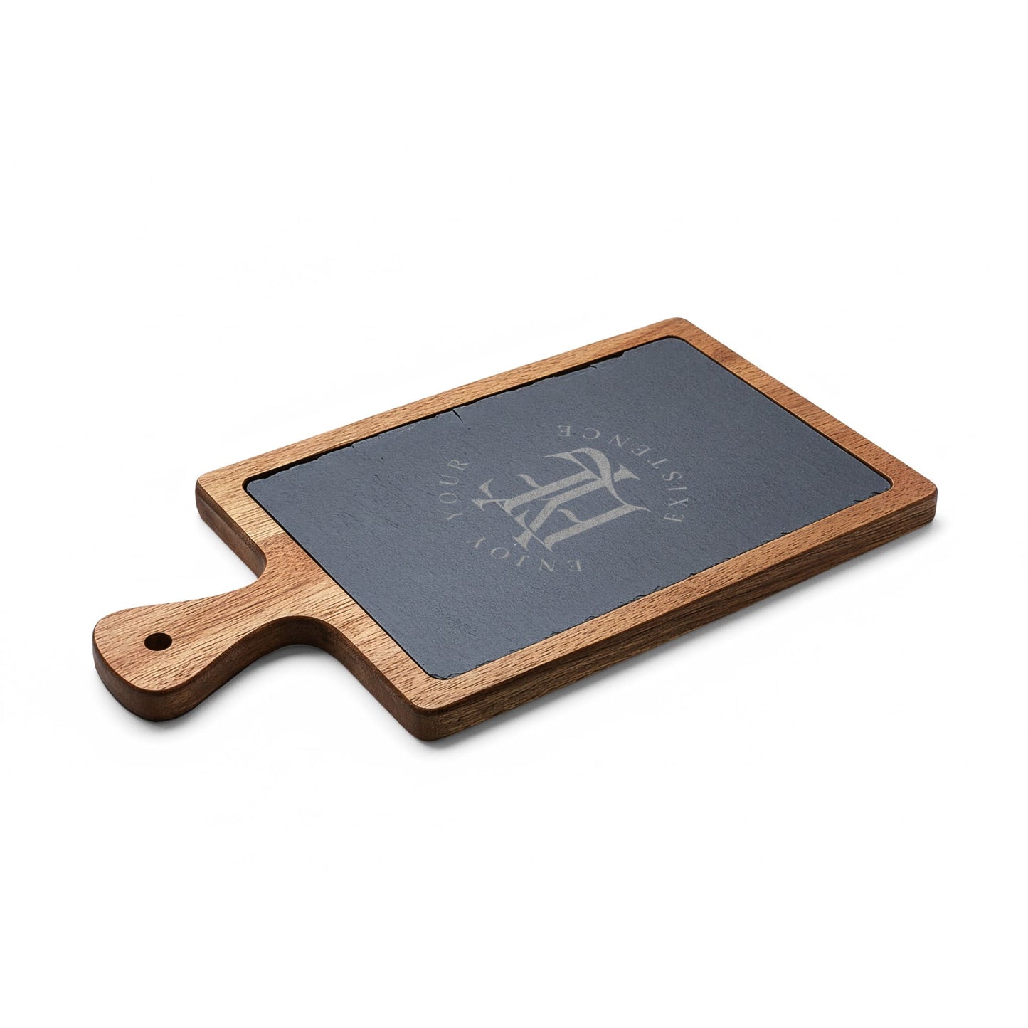 Engraved Acacia Charcuterie Board with Slate Inset & Cheese Tools — "Enjoy Your Existence"