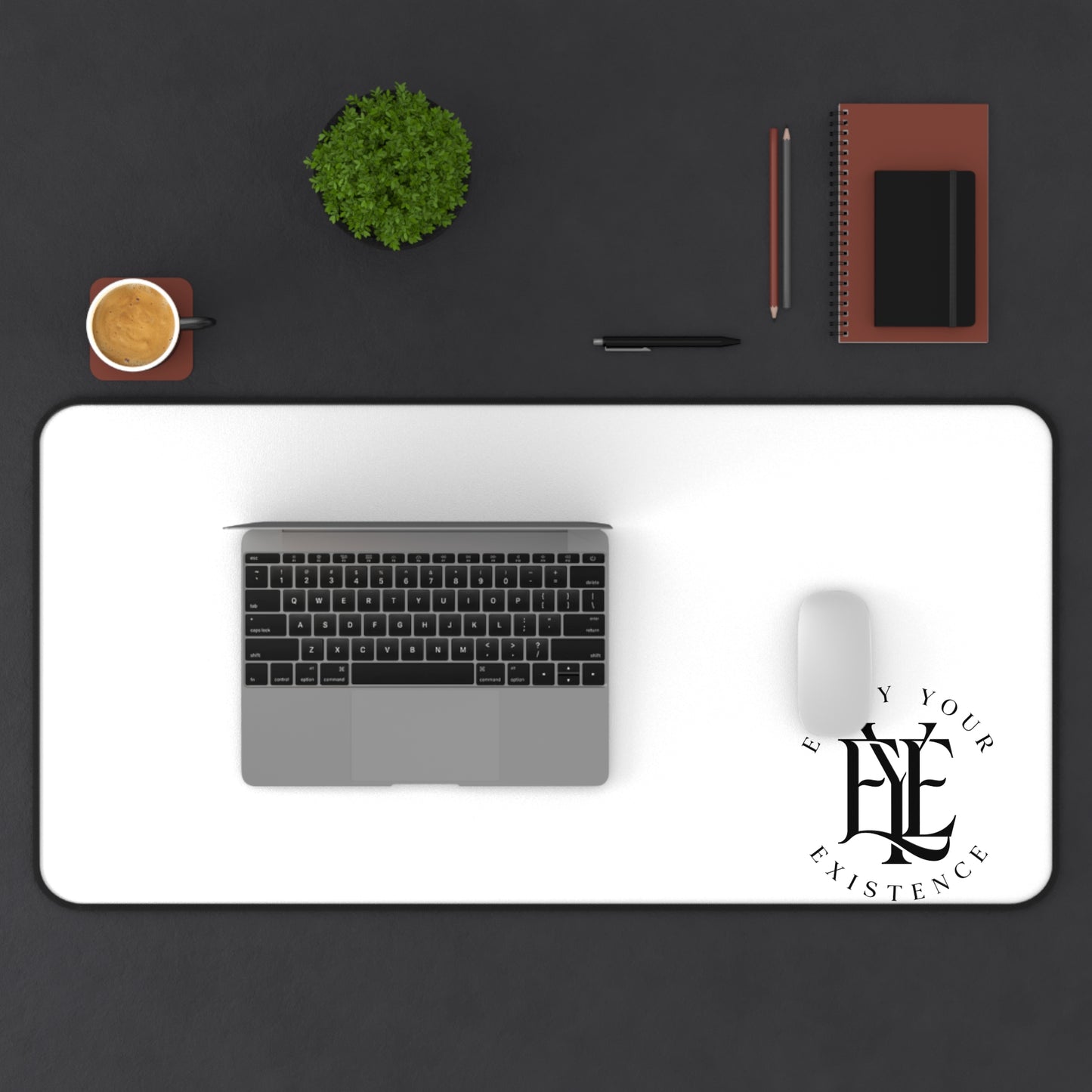 Desk Mat — Minimal White Gaming/Office Desk Mat with "Enjoy Your Existence" Logo