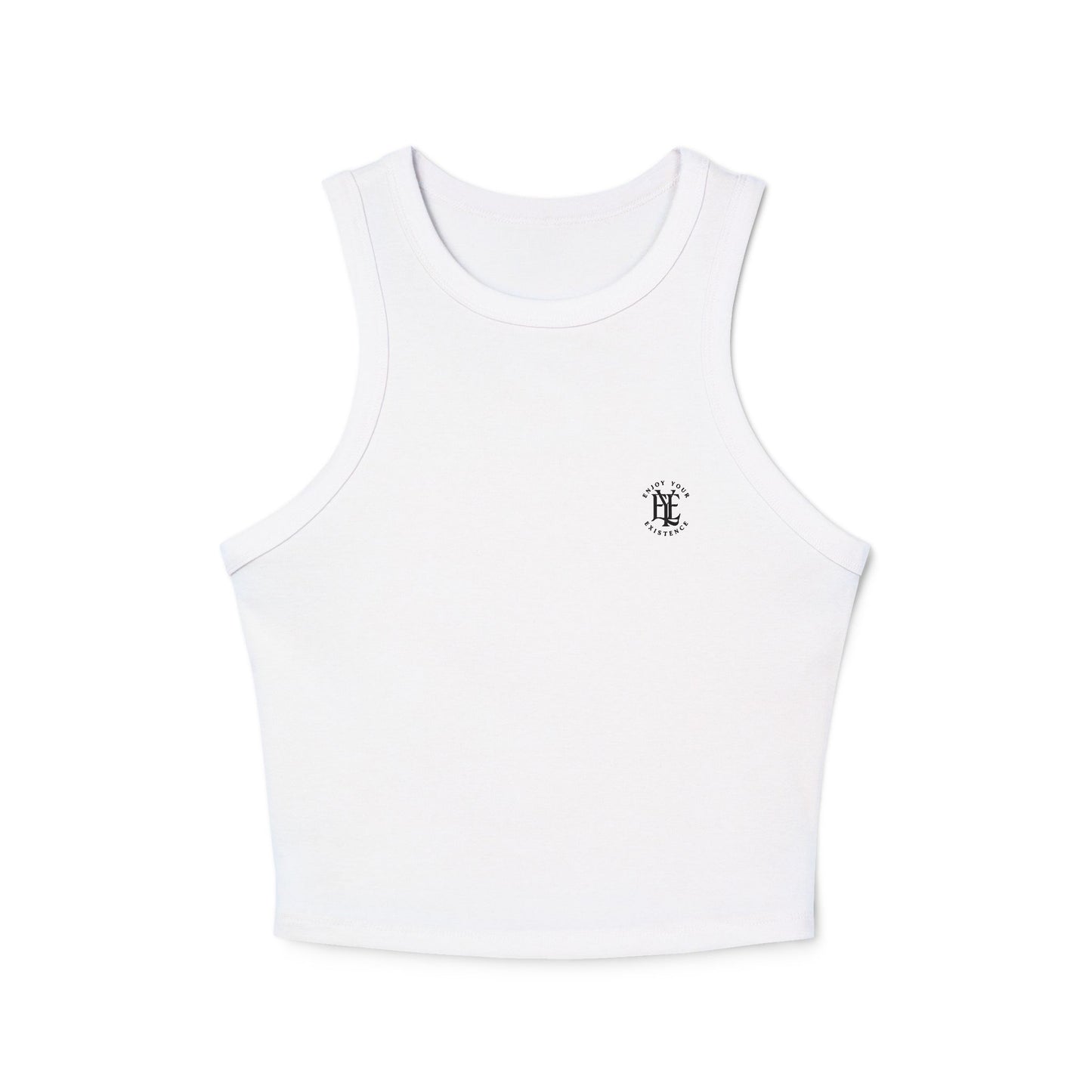 Women’s Micro Rib Racer Tank Top — Minimal Tiny Seahorse Chest Graphic
