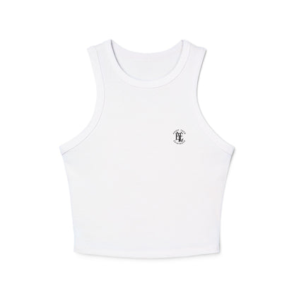 Women’s Micro Rib Racer Tank Top — Minimal Tiny Seahorse Chest Graphic