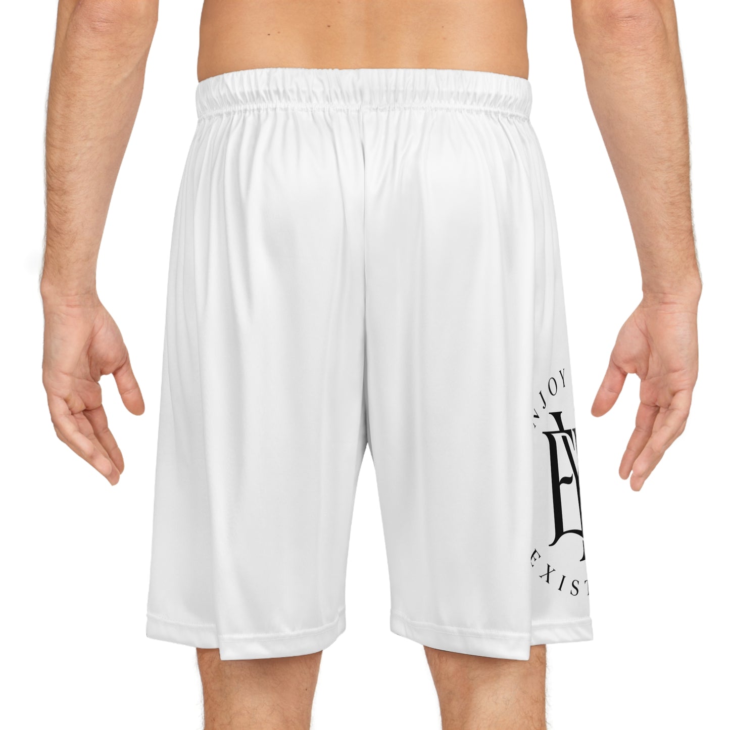 Enjoy Your Existence Basketball Shorts — White AOP Athletic Shorts with Minimal Logo