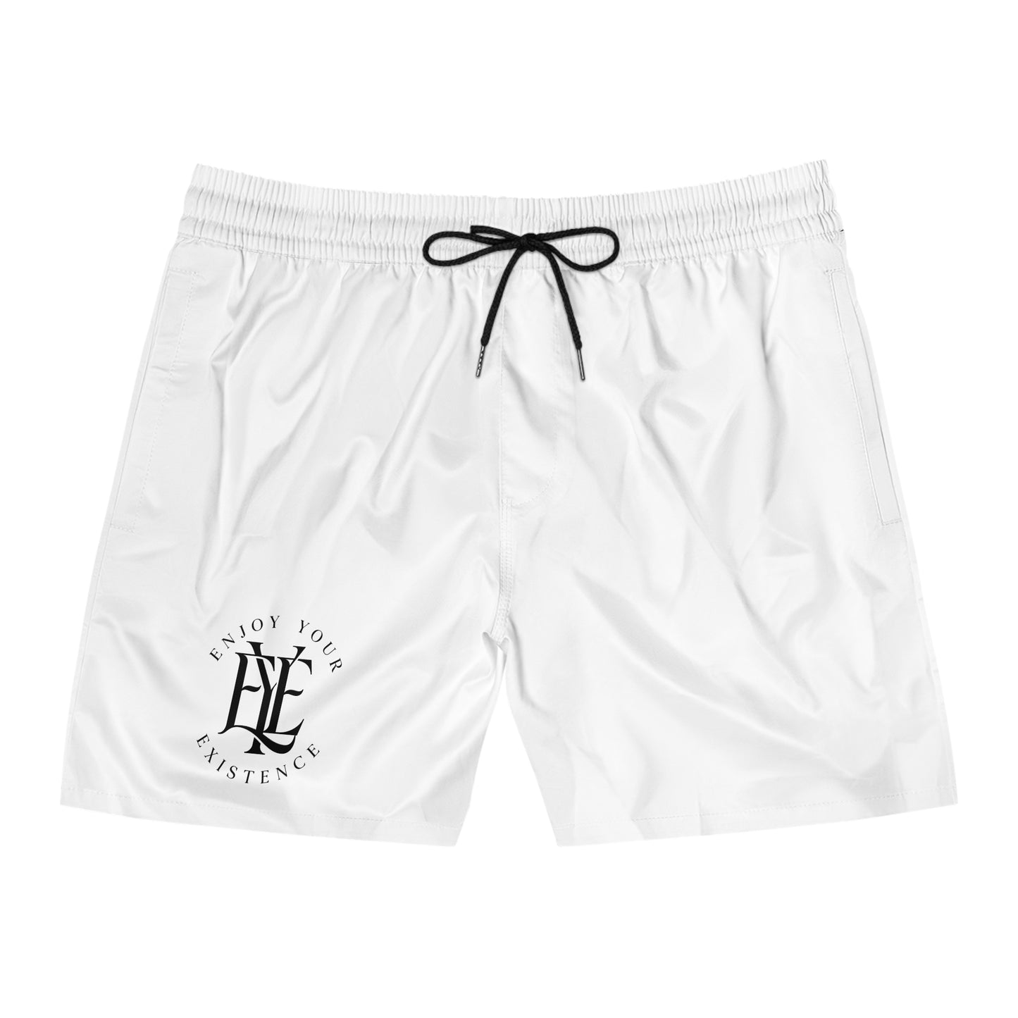 Men's White Swim Shorts — 'Enjoy Your Existence' Minimal Logo Beach Trunks