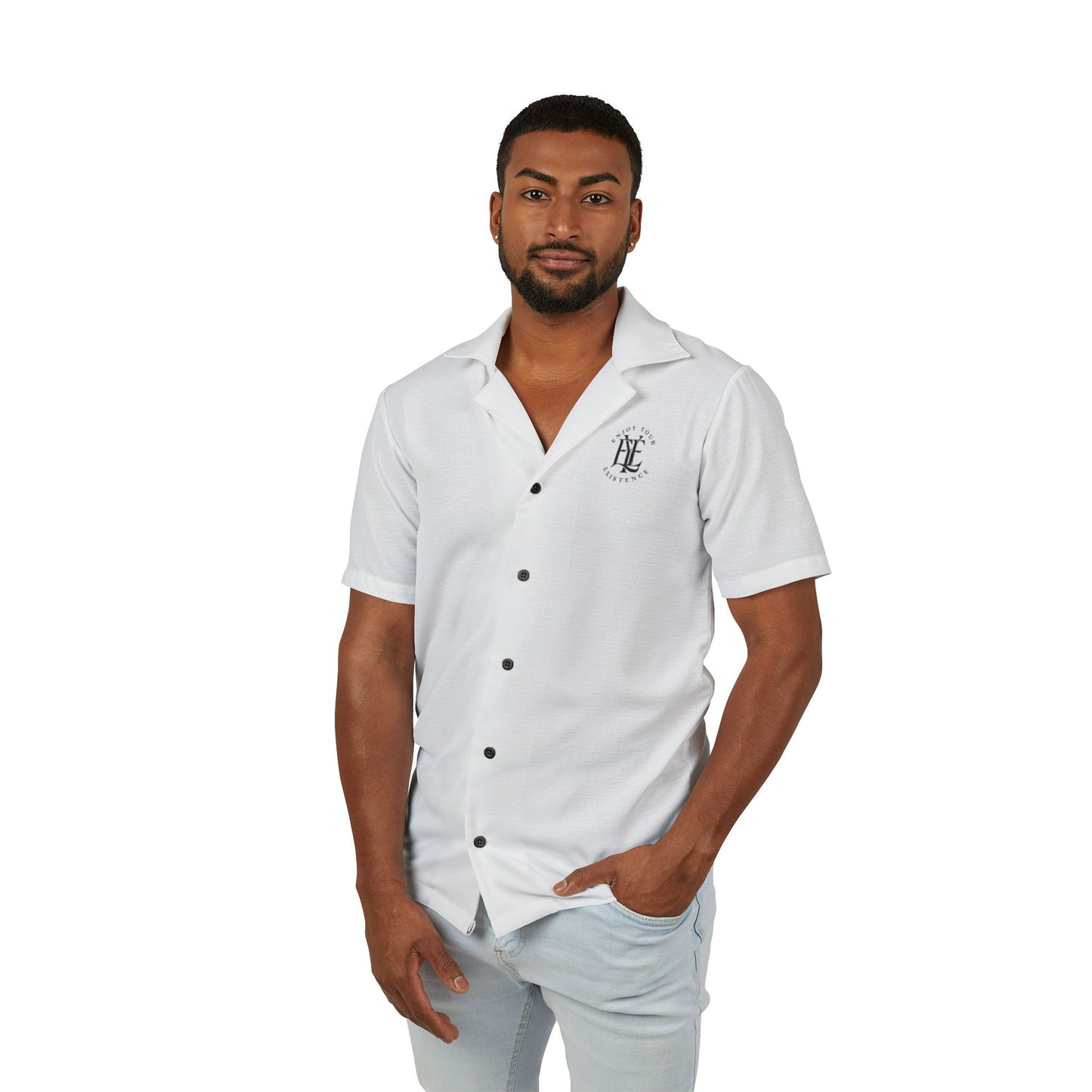 Men's White Camp Shirt — Minimal Monogram Hawaiian Button-Up