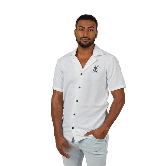 Men's White Camp Shirt — Minimal Monogram Hawaiian Button-Up