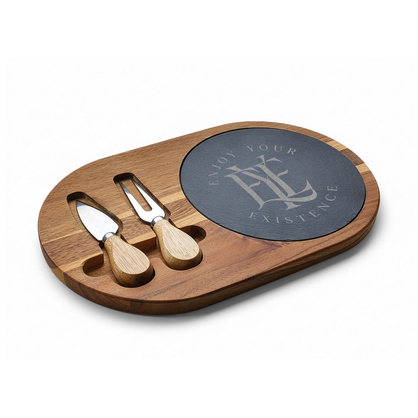Engraved Acacia Charcuterie Board with Slate Inset & Cheese Tools — "Enjoy Your Existence"