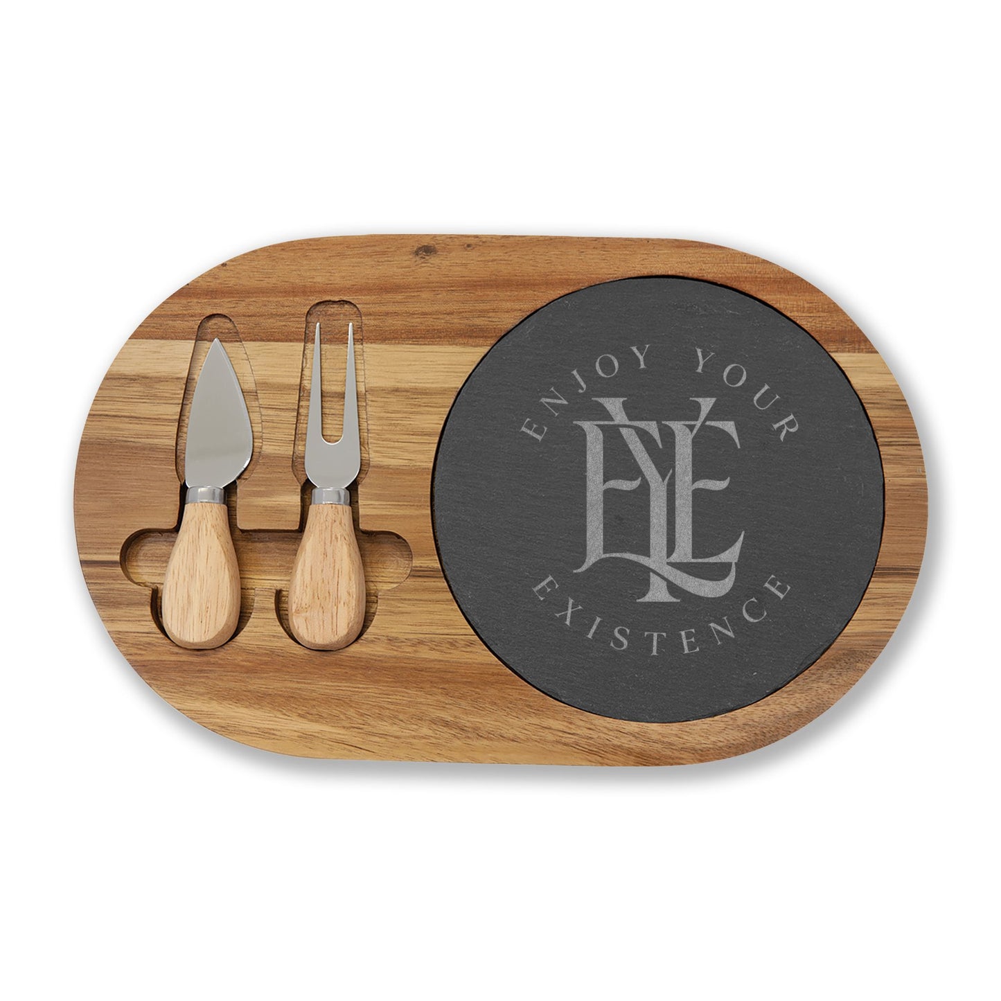 Engraved Acacia Charcuterie Board with Slate Inset & Cheese Tools — "Enjoy Your Existence"