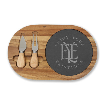 Engraved Acacia Charcuterie Board with Slate Inset & Cheese Tools — "Enjoy Your Existence"