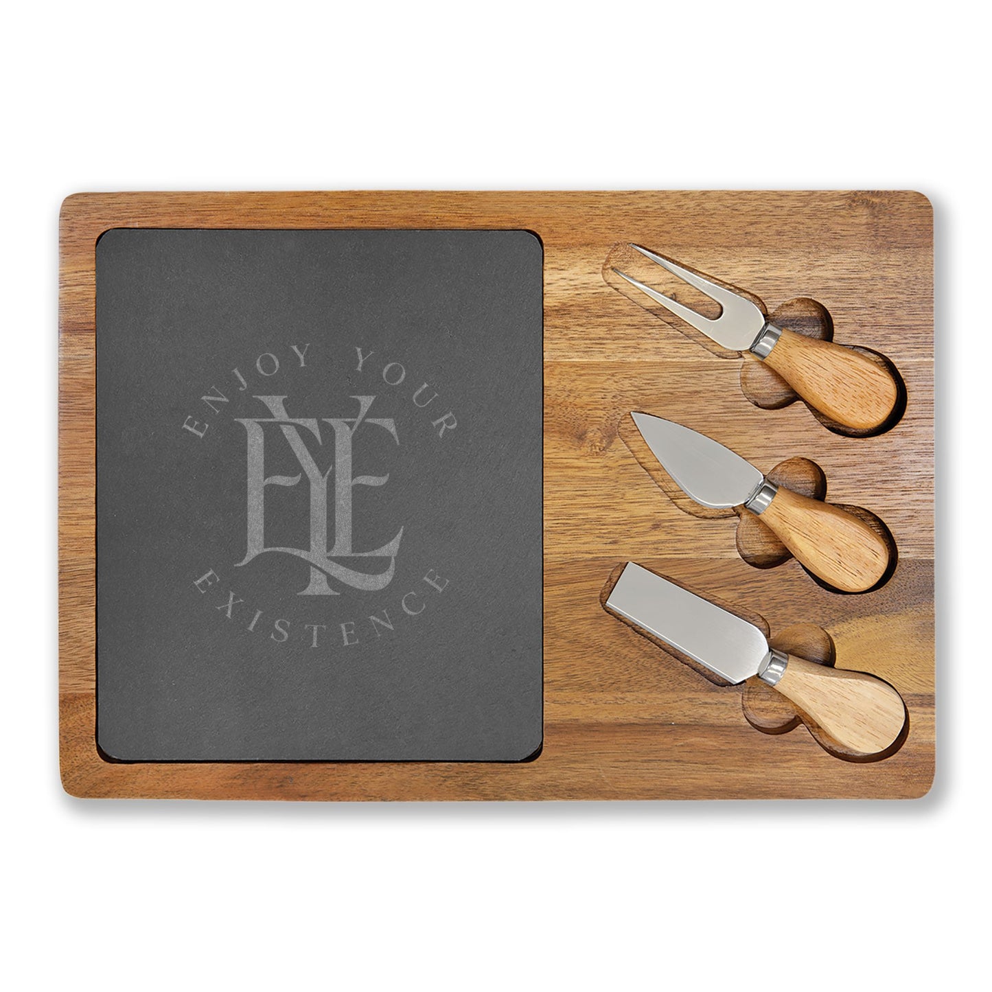 Engraved Acacia Charcuterie Board with Slate Inset & Cheese Tools — "Enjoy Your Existence"