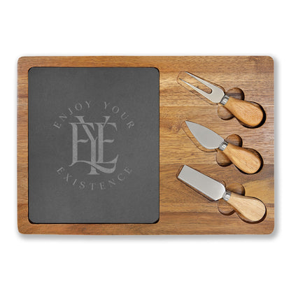 Engraved Acacia Charcuterie Board with Slate Inset & Cheese Tools — "Enjoy Your Existence"