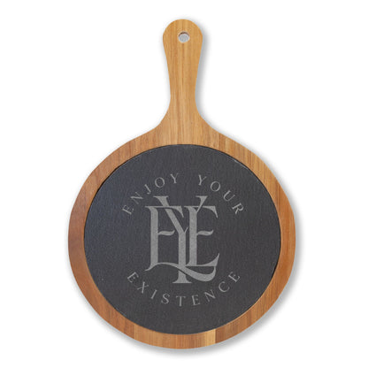 Engraved Acacia Charcuterie Board with Slate Inset & Cheese Tools — "Enjoy Your Existence"