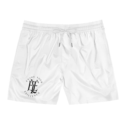 Men's White Swim Shorts — 'Enjoy Your Existence' Minimal Logo Beach Trunks