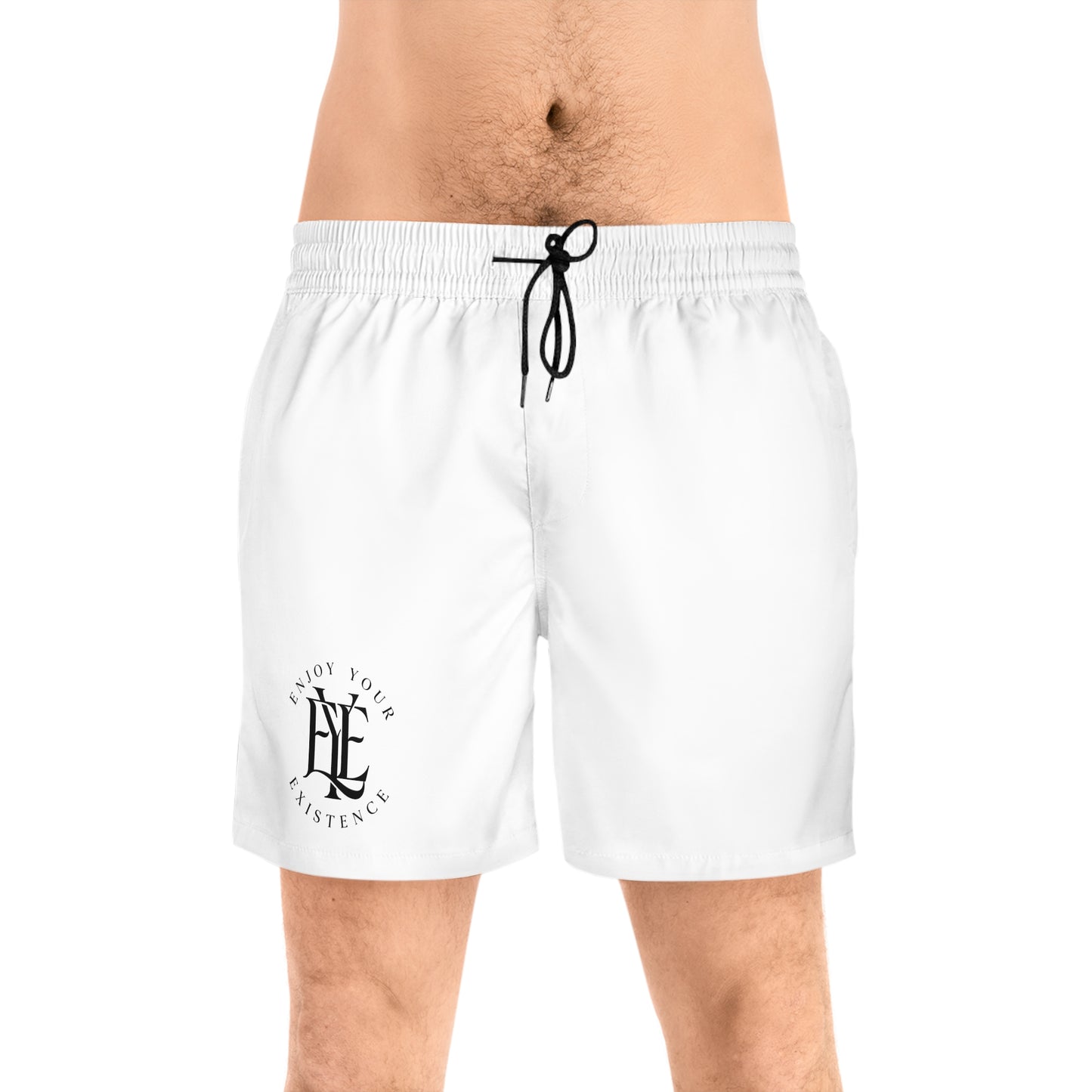 Men's White Swim Shorts — 'Enjoy Your Existence' Minimal Logo Beach Trunks