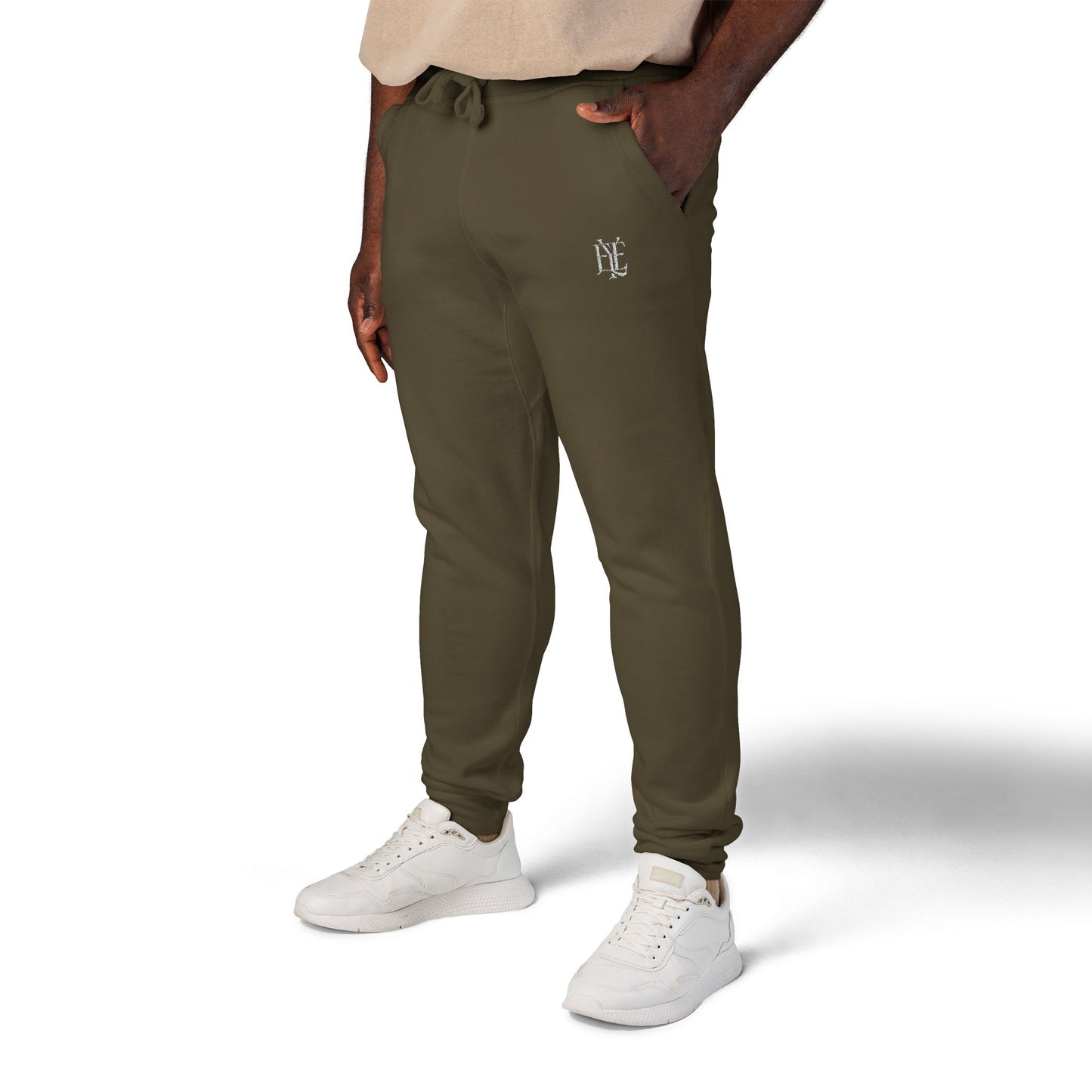 Embroidered Olive Fleece Sweatpants — Minimal Crest Joggers