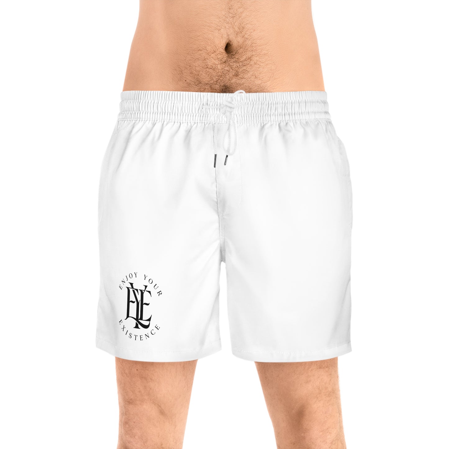 Men's White Swim Shorts — 'Enjoy Your Existence' Minimal Logo Beach Trunks