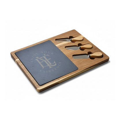 Engraved Acacia Charcuterie Board with Slate Inset & Cheese Tools — "Enjoy Your Existence"