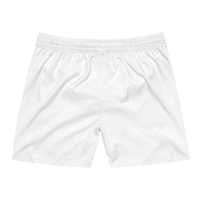 Men's White Swim Shorts — 'Enjoy Your Existence' Minimal Logo Beach Trunks