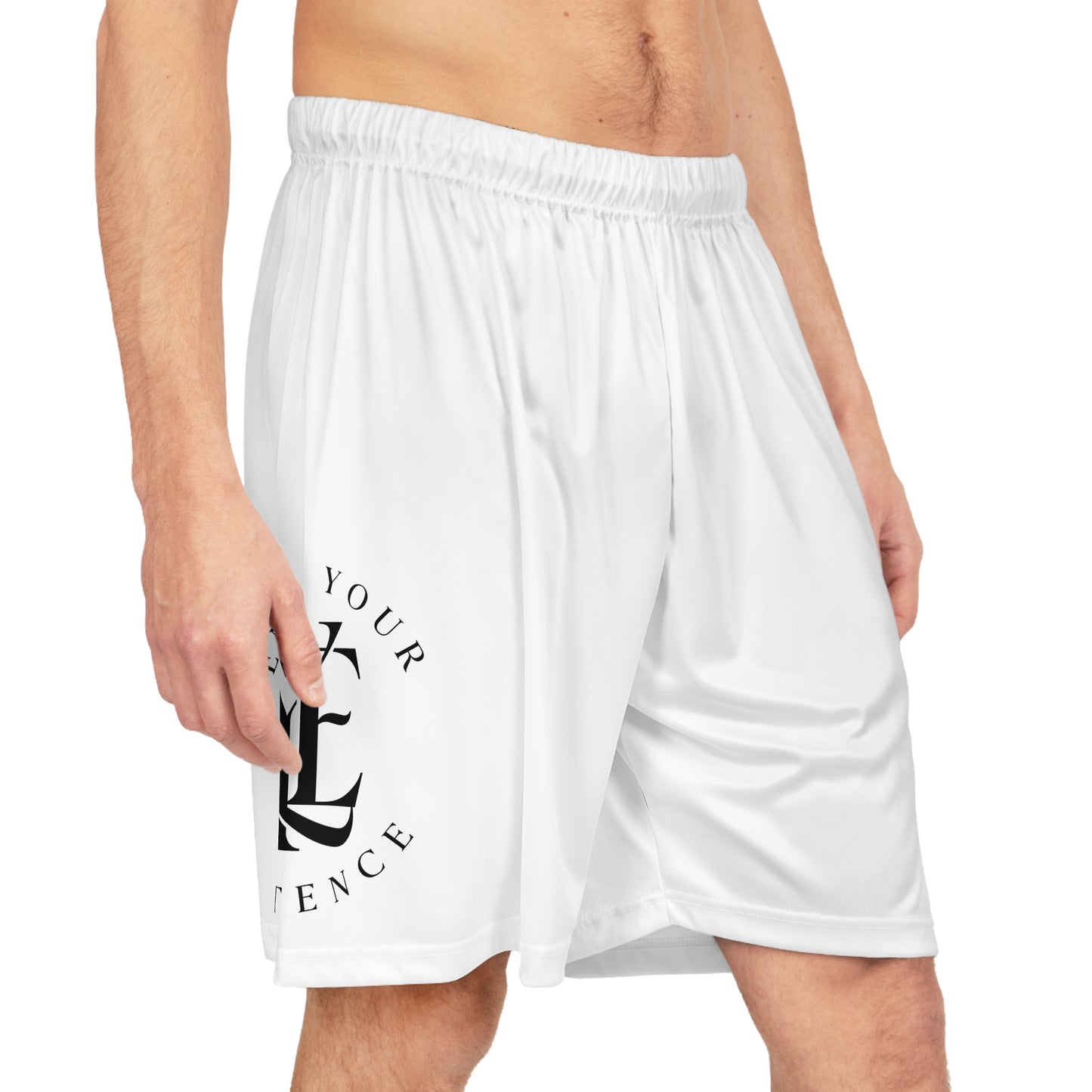 Enjoy Your Existence Basketball Shorts — White AOP Athletic Shorts with Minimal Logo
