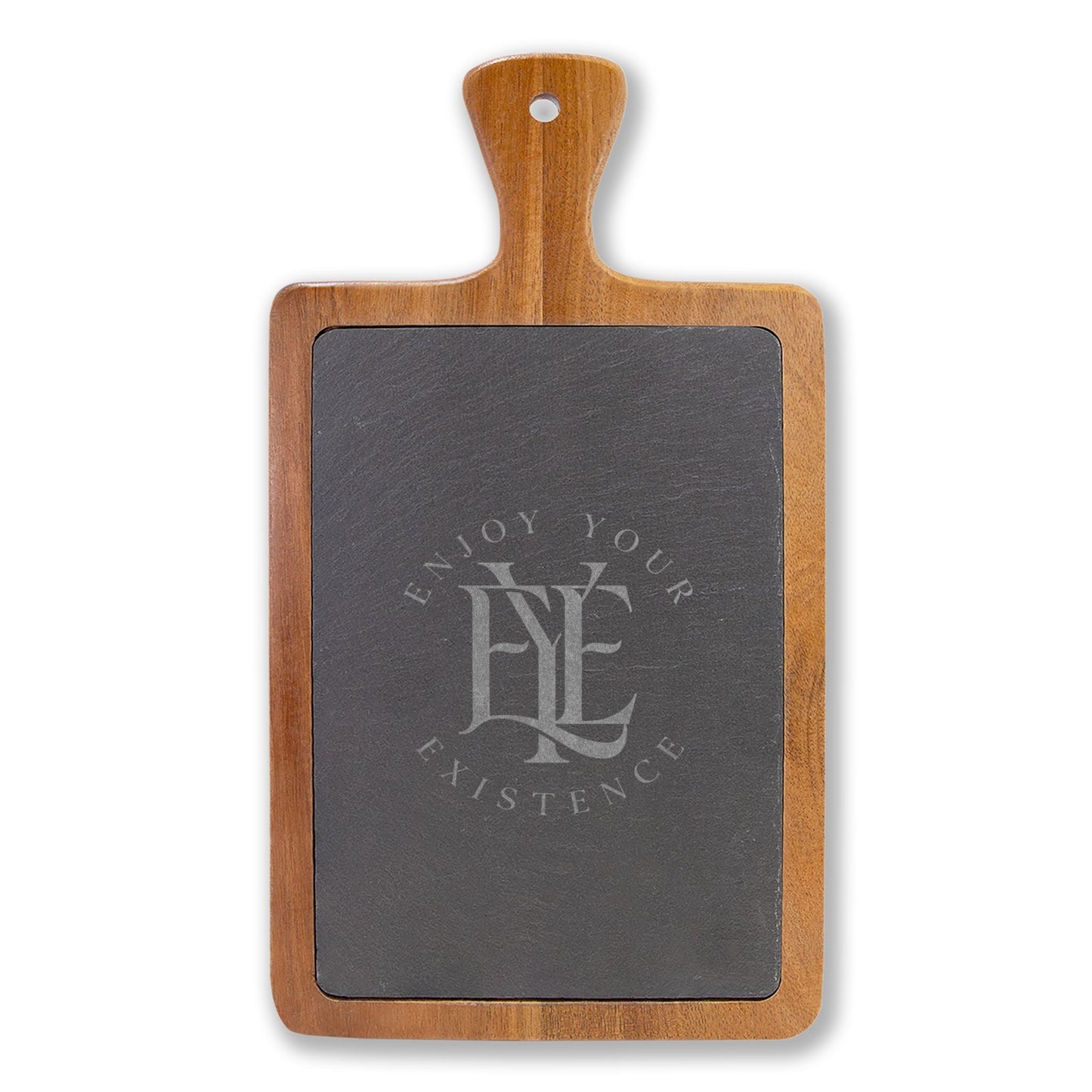 Engraved Acacia Charcuterie Board with Slate Inset & Cheese Tools — "Enjoy Your Existence"