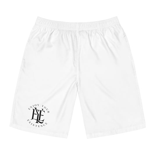 Men's Board Shorts — 'Enjoy Your Existence' Minimal Logo Swim Trunks