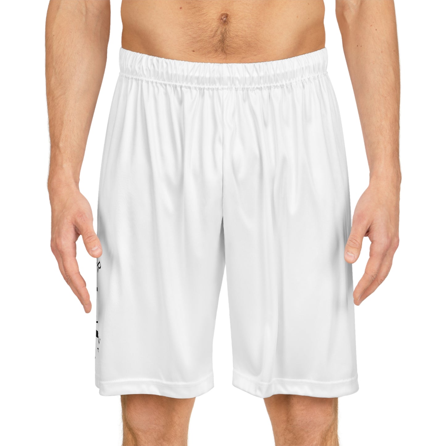Enjoy Your Existence Basketball Shorts — White AOP Athletic Shorts with Minimal Logo