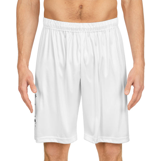 Enjoy Your Existence Basketball Shorts — White AOP Athletic Shorts with Minimal Logo