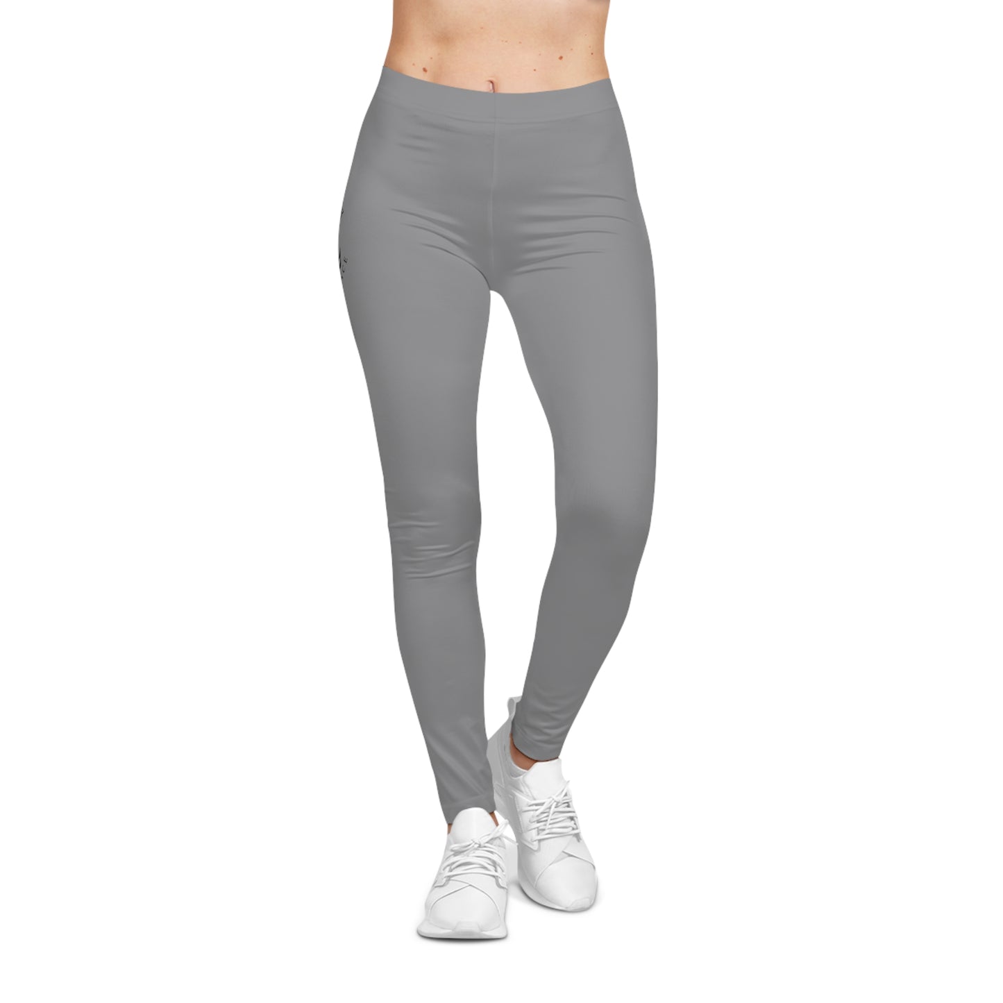 Minimalist Grey Leggings with Subtle Side Logo — Women's Casual AOP Leggings