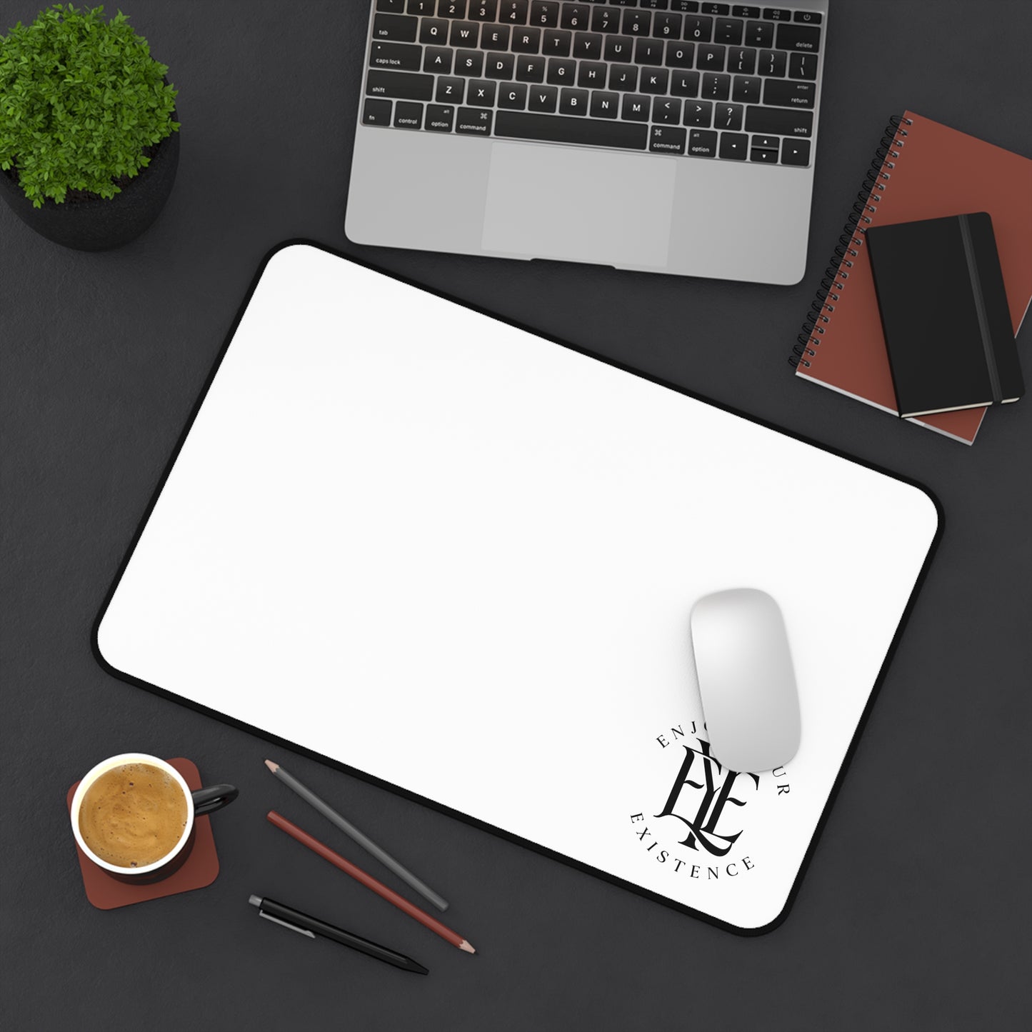 Desk Mat — Minimal White Gaming/Office Desk Mat with "Enjoy Your Existence" Logo