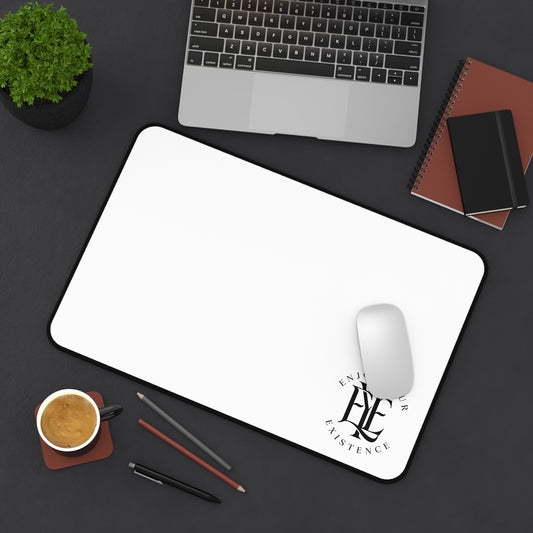 Desk Mat — Minimal White Gaming/Office Desk Mat with "Enjoy Your Existence" Logo