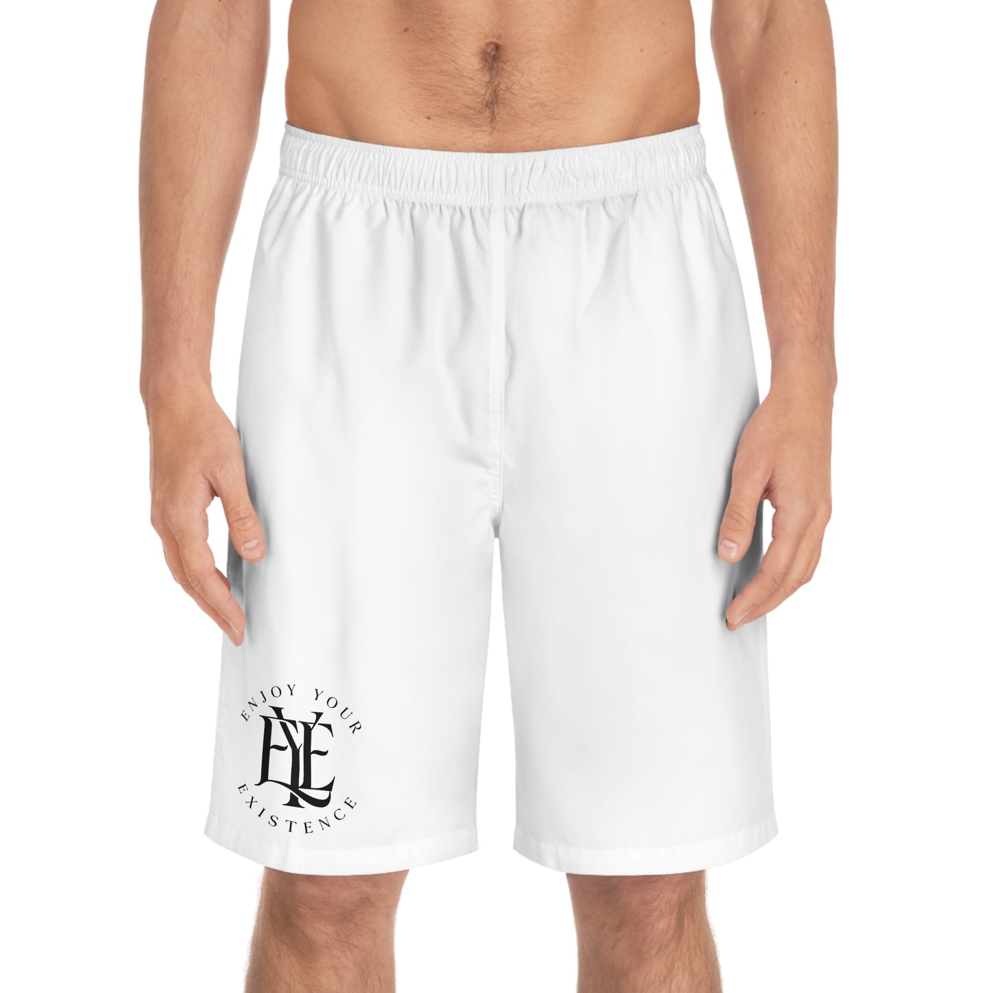 Men's Board Shorts — 'Enjoy Your Existence' Minimal Logo Swim Trunks