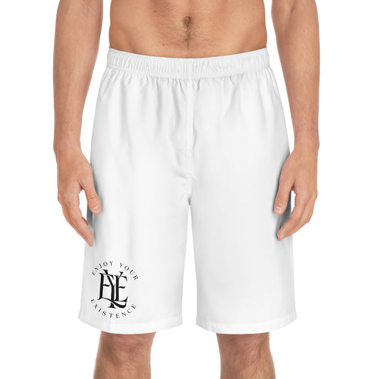 Men's Board Shorts — 'Enjoy Your Existence' Minimal Logo Swim Trunks