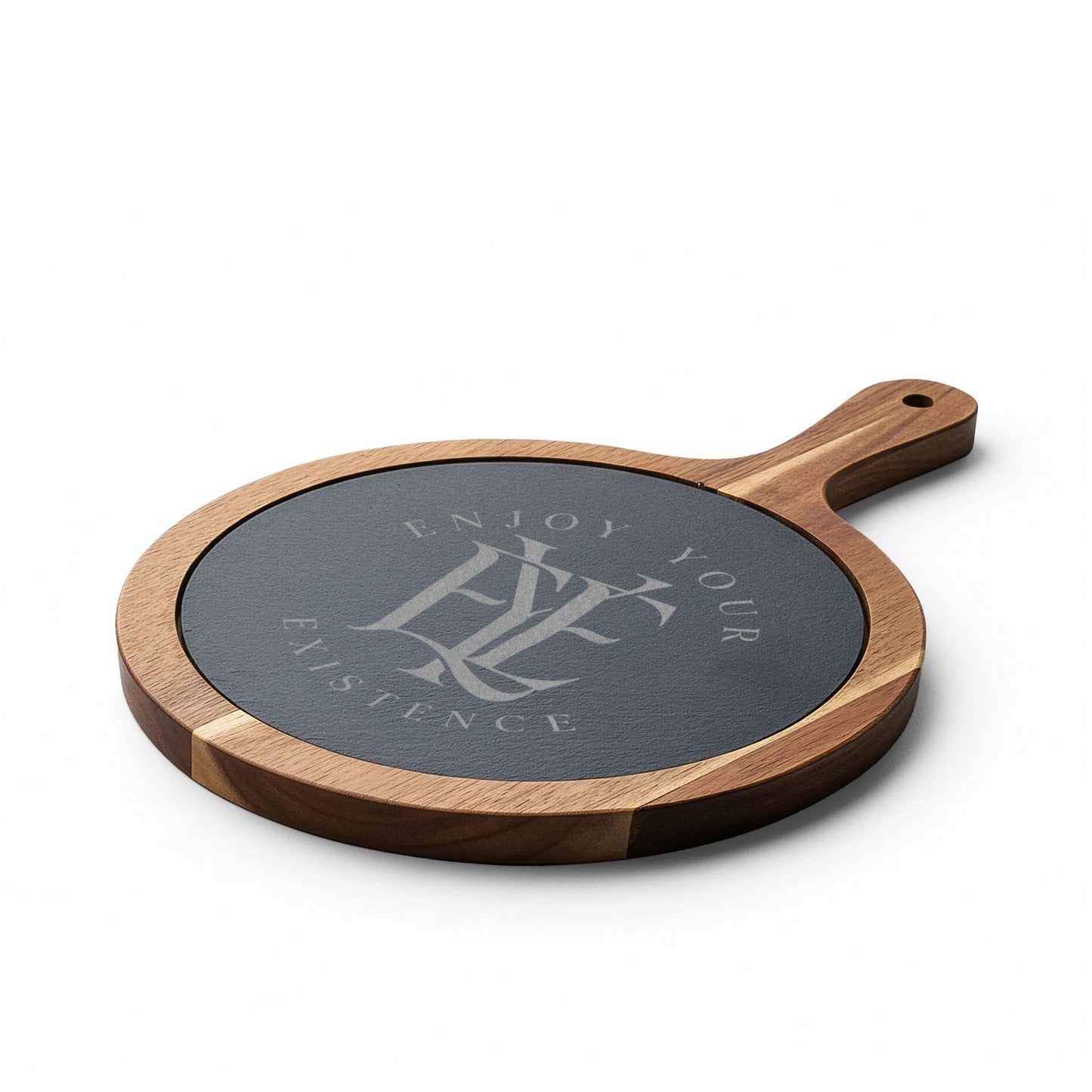 Engraved Acacia Charcuterie Board with Slate Inset & Cheese Tools — "Enjoy Your Existence"