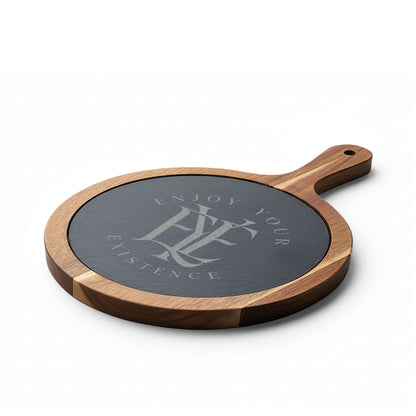 Engraved Acacia Charcuterie Board with Slate Inset & Cheese Tools — "Enjoy Your Existence"