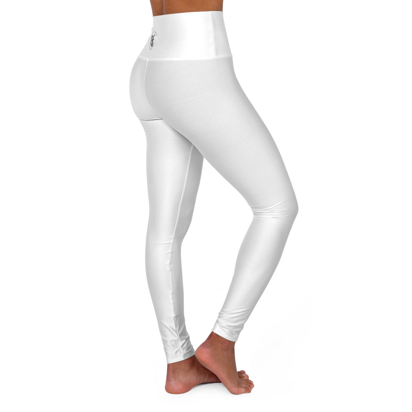 High-Waisted Yoga Leggings — Minimal Monogram Back Logo, White AOP