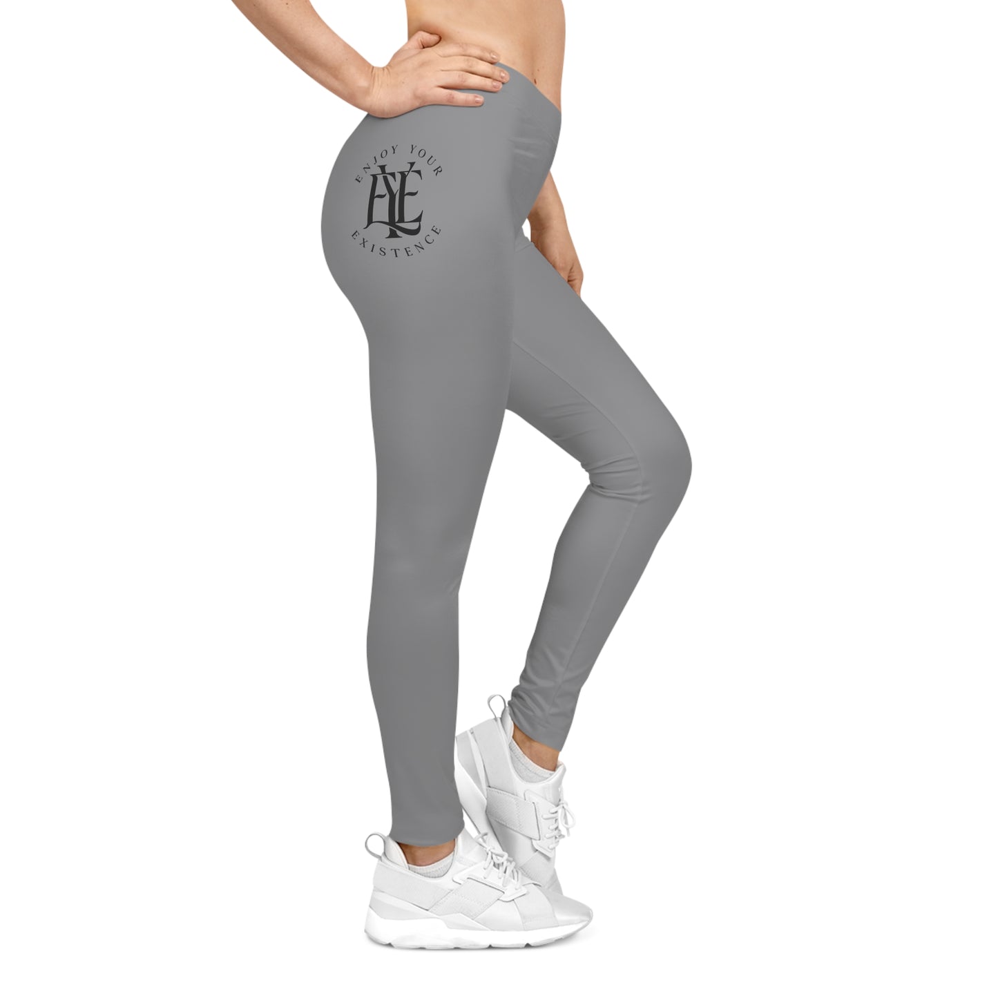 Minimalist Grey Leggings with Subtle Side Logo — Women's Casual AOP Leggings